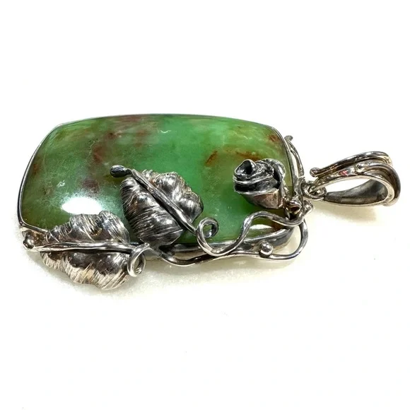 Artisan Green Jasper Sterling Silver Pendant with Hand-forged Rose and Leaves - Picture 2 of 15
